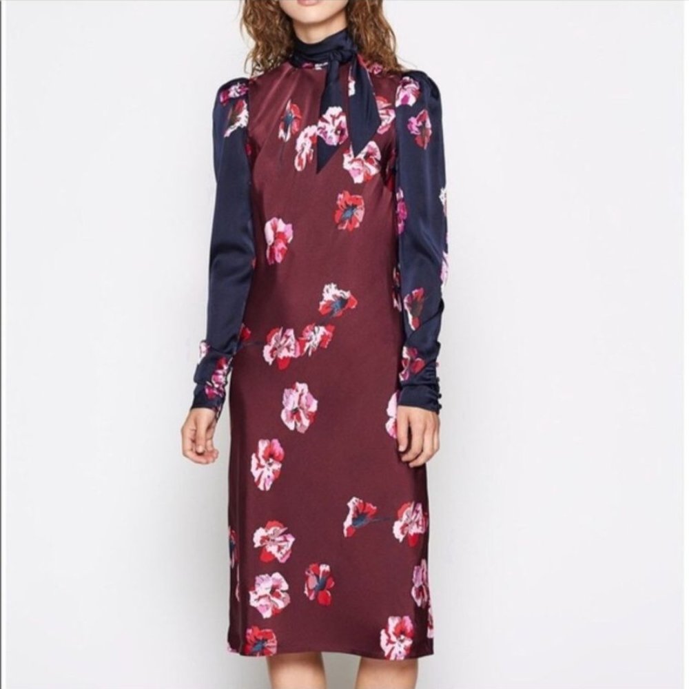 Joie Burgundy Floral Silk Dress with Navy Sleeves